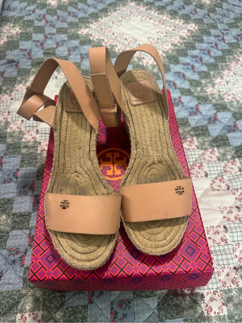 Tory Burch Nude/Tan Leather Espadrille Slingback Wedges